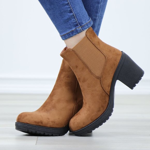 Chelsea Chunky Block High Heel Above Ankle Boots Brown Synthetic Suede - Picture 8 of 12